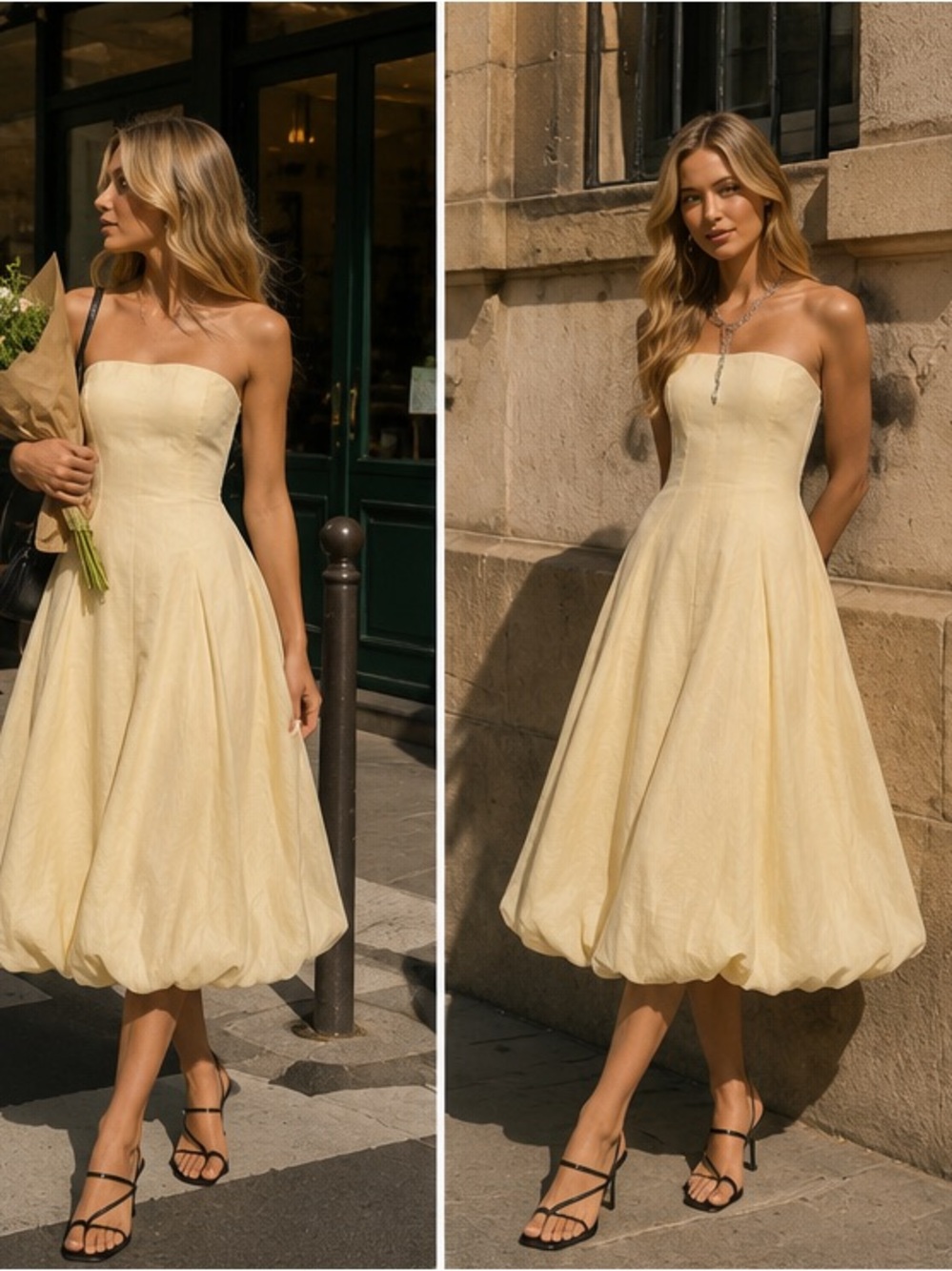 Strapless Midi Bubble Hem Dress in Pale Yellow